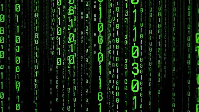 Digital binary code streams in green matrix style.