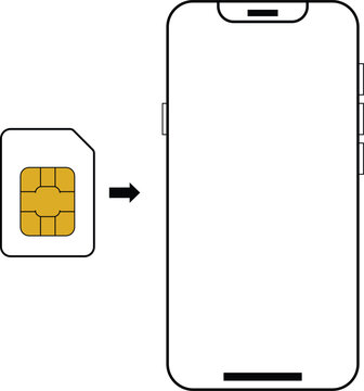 Sim card and smartphone illustration with insertion arrow white background