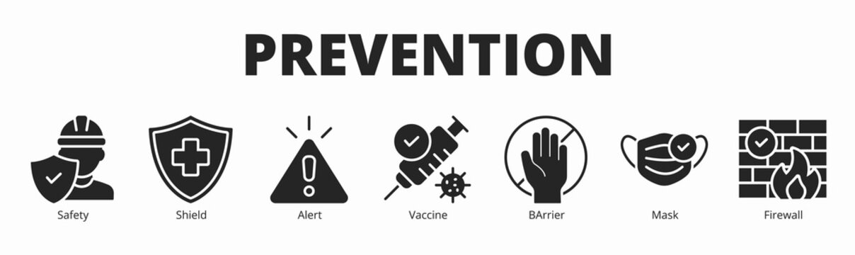 Concept of prevention banner vector icon in glyph style with icon of safety, shield, alert, vaccine, barrier, mask, and firewall