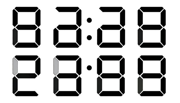Illustration of a digital display showing two times. Upper line reads 838, lower line presents 208. Digits are formed by black segmented bars