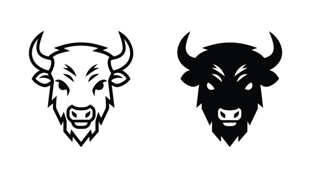 Bison head front view mascot style vector illustration with black and white variations