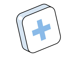 Fototapeta premium Blue medical cross on a white 3D button vector illustration. Healthcare services, emergency aid, pharmacy app, hospital clinic, first aid kit, digital health. Plus sign on a square block