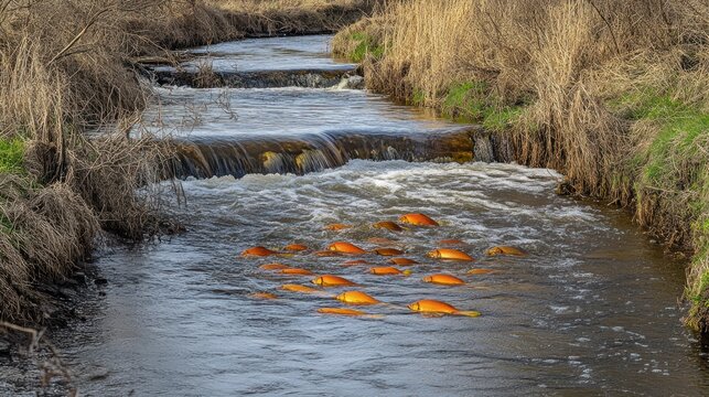 Golden fish swimming upstream in river
