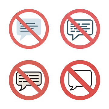Collection of prohibited speech bubble icons with red round boundary sign.