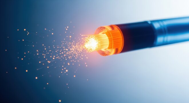 Macro shot of glowing orange fiber optic cable end with light strands and sparks flying