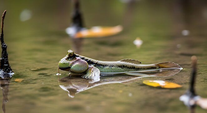 Mudskipper emerges from murky water, eyes raised, near mangrove roots