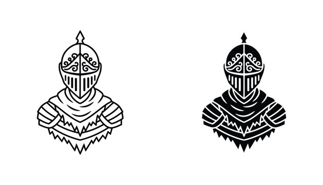 Medieval knight helmet bust outline and solid black vector icon for historical or gaming design elements