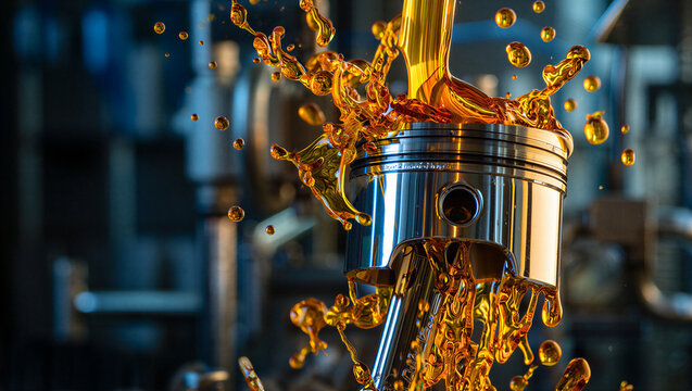 Engine piston with splashing motor oil in a mechanical workshop environment