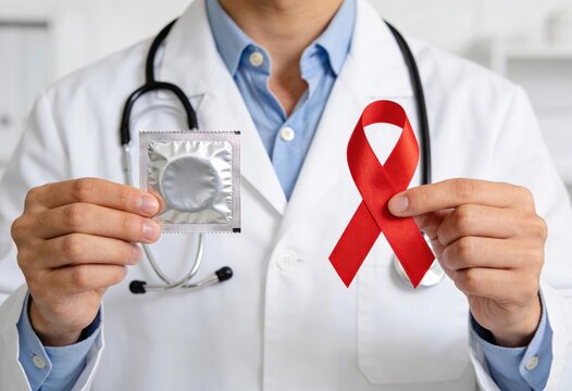 Doctor wearing a white coat holds a red ribbon for AIDS awareness and a condom