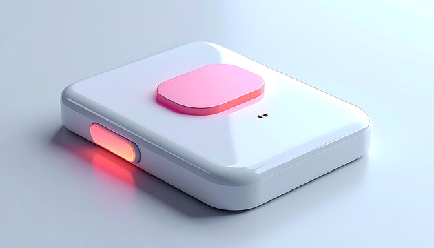 Isolated rounded rectangular electronic device with a pink button on top and glowing orange indicator light, clean modern design, isometric view