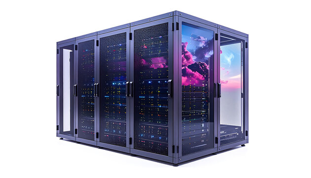 Isolated server rack with glowing lights and colorful clouds inside, representing data center, cloud computing, or digital storage