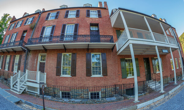 HARPERS FERRY, WEST VIRGINIA, USA-SEPTEMBER 3, 2018: A historic town in Jefferson County at the confluence of the Potomac and Shenandoah rivers.Known for John Brown's raid in 1859.Historic buildings.