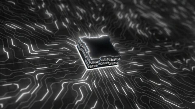 Animated white color microchip glowing big data transfer hi tech design black technology background