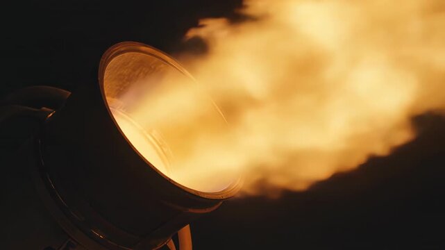 Rocket engine nozzle emitting intense fire and smoke during static test. Close-up lockdown shot.