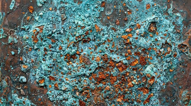 Weathered metal surface texture: vibrant green verdigris and deep rust oxidation
