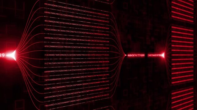 Title: Animated red color glowing big data transfer binary code hi tech design black technology background