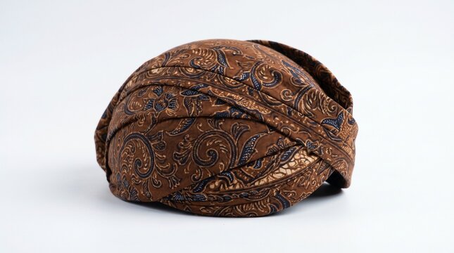 Traditional Javanese blangkon with batik pattern isolated on white background, representing Indonesian cultural heritage.