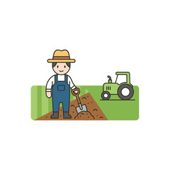 Obraz premium Farmer with shovel and tractor on field, agriculture concept, flat design illustration