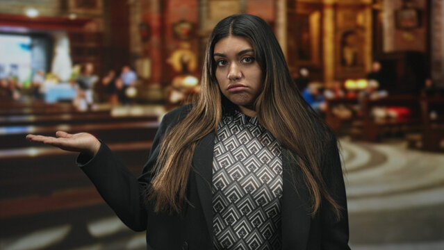 Woman in blazer and patterned top shrugging with palm up and sullen pout amid ornate interior of a historic building; quiet resignation.