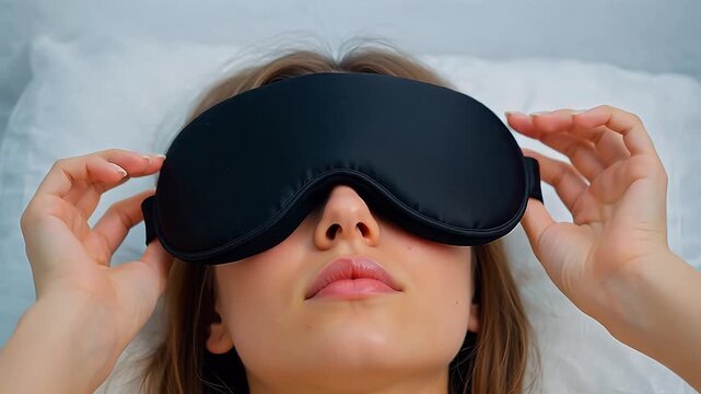 Woman wearing black sleep mask on bed representing a commitment to global public health