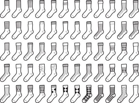 Array of patterned socks in a row, a detailed drawing displaying various designs, perfect for a catalog, advertisement, or textile design. 