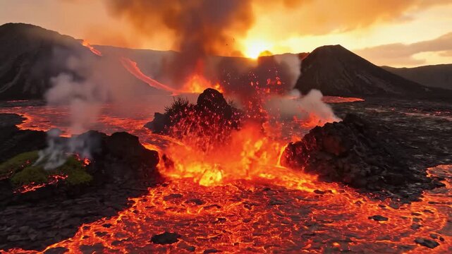 A striking scene unfolds as molten lava surges from the active volcano, painting the landscape in fiery reds and oranges.