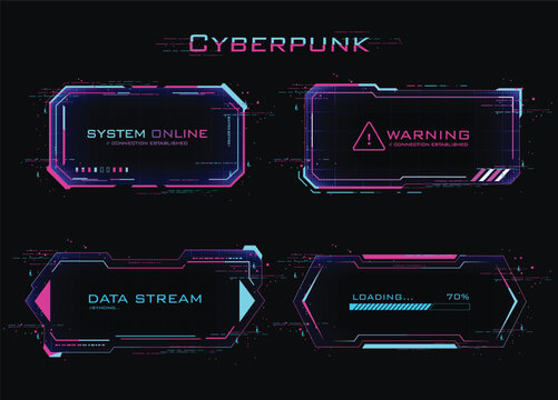 Cyberpunk HUD tactical frame set with double outline border and neon chevron arrow