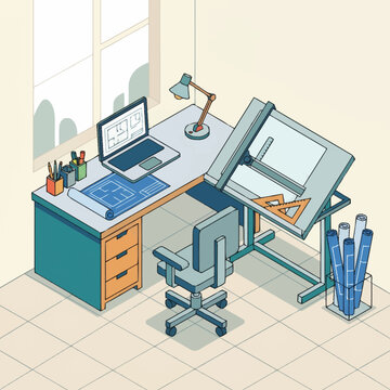 a desk with a laptop and drafting table.
