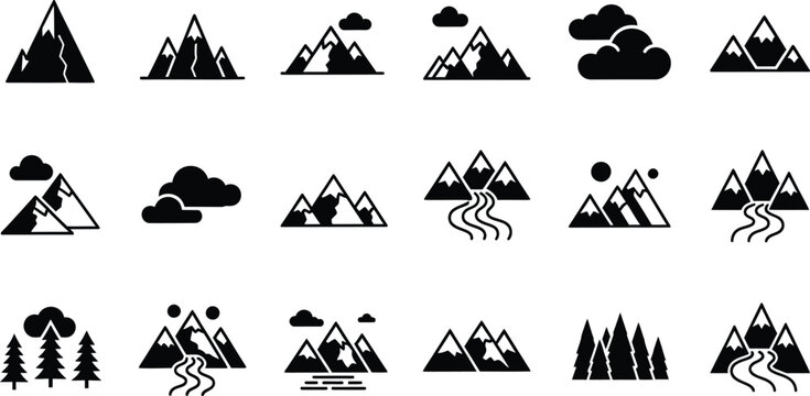 Mountain silhouette icons on isolated transparent background