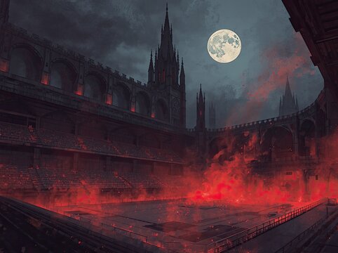 Gothic stadium atmosphere mysterious dark arena with stone arches and dramatic red mist moonlight wall art
