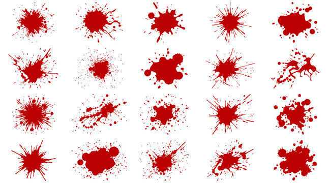 Blood splatter silhouette icons representing violent impacts and dangerous wounds, isolated on white background
