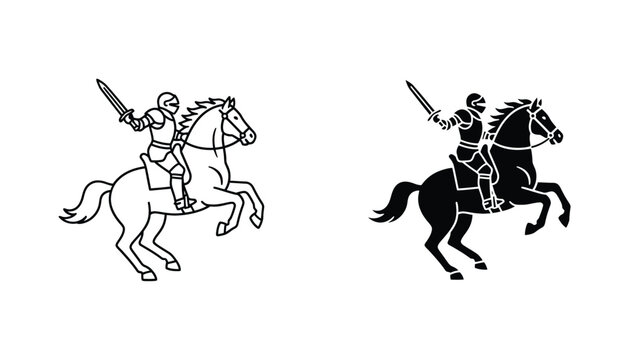 Knight in armor riding horse sword raised line art and dark silhouette