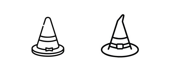 Fototapeta premium Halloween witch hat web line icons set spooky wizard cap magical sorceress hat pointed witch headwear Halloween costume accessory vector illustration with editable stroke