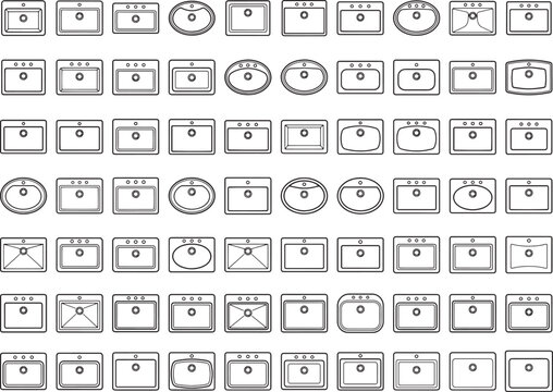 A collection of meticulously crafted, clean line drawing of different sink designs, showcasing a variety of shapes and styles. A creative resource.