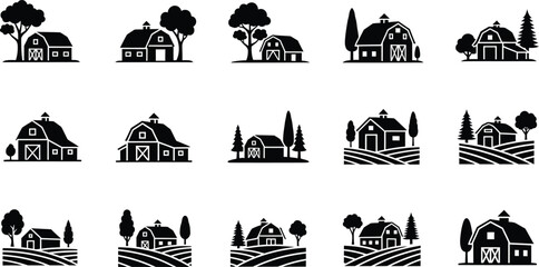 Silhouette of various barns isolated on transparent background © mdkamran