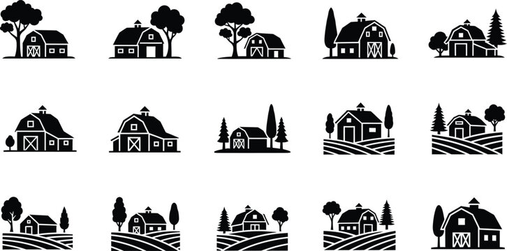 Silhouette of various barns isolated on transparent background
