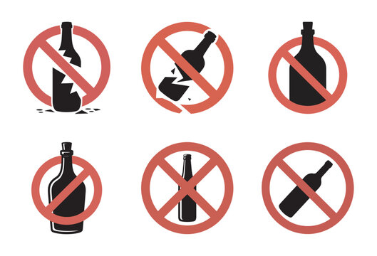 Glass bottle prohibition icons set showing broken and whole containers.