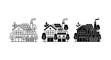 Naklejka premium Eco-Friendly Factory Icons, Green Energy Building Graphics, Sustainable Industry Vector Set