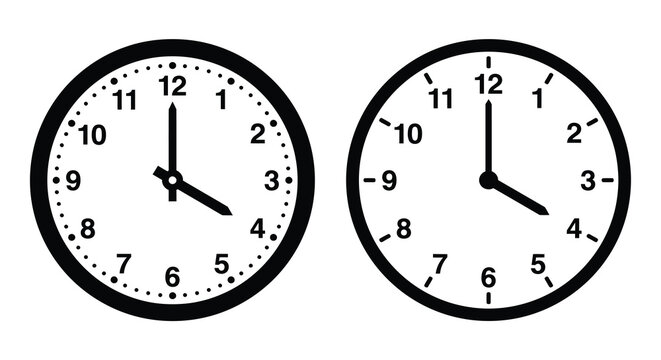 Two black clock face silhouettes showing different times isolated on white background silhouette