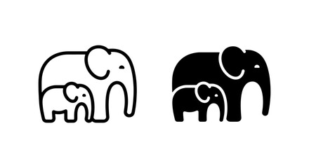 Elephant Family Icons, Simple Line Art & Solid Fill, Animal Graphics © Jashim