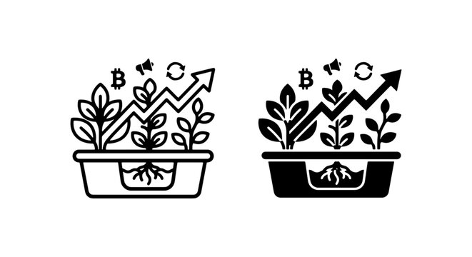 Growth Icons: Plants, Bitcoin, Upward Arrow, Business Icons