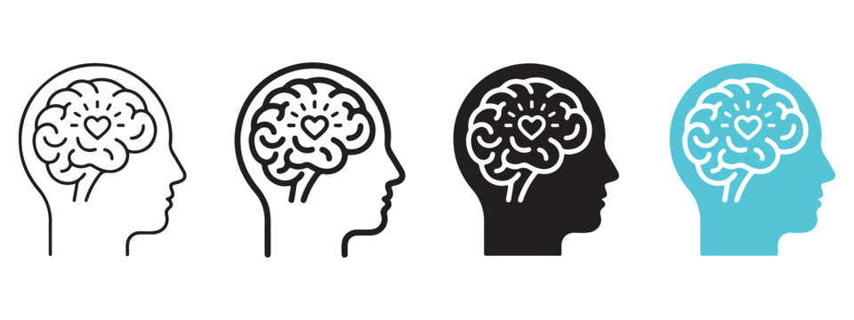 Human head profile with brain and heart icon set