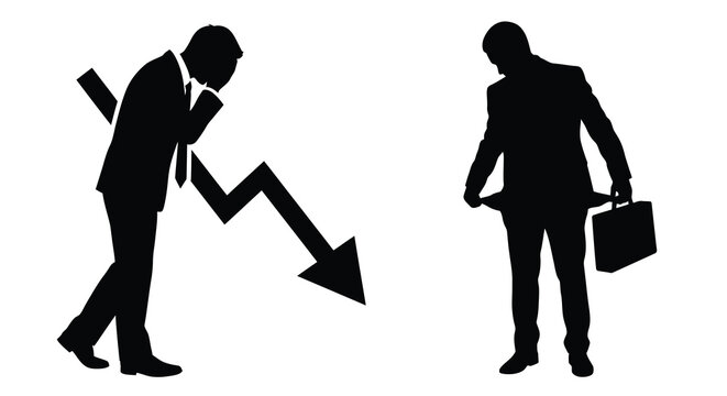 Businessmen with declining chart and empty pockets silhouette