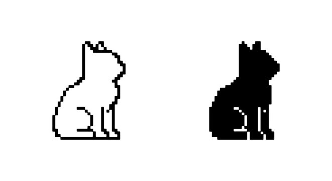 Pixel Art Cat Icons, Simple Sitting Feline Vector Graphics, Black and White Pet Silhouettes