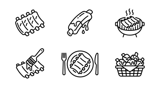 BBQ Ribs Icons Set, Meat Grilling Food Vector Graphics, Culinary Barbecue Meal Illustrations