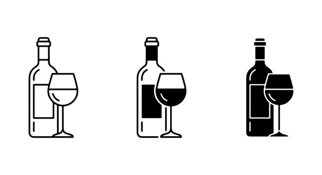 Wine Bottle and Glass Icons, Beverage Drink Symbols, Alcohol Refreshment Vector Set