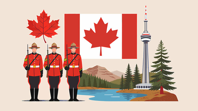 Illustration depicting various iconic Canadian symbols including Mounties, the national flag, maple leaf, CN Tower, and a natural landscape.