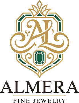 Almera Fine Jewelry logo with emerald stone and intricate gold shield