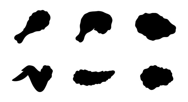Chicken Pieces Silhouettes, Fried Food Icons, Vector Graphics for Menus