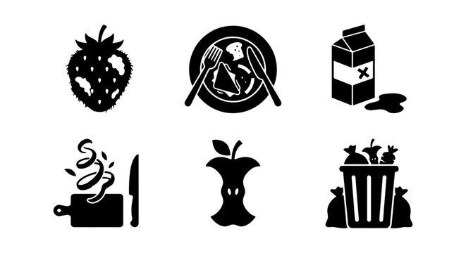 Food Waste Icons: Strawberry, Plate, Milk Carton, Apple Core, Bin